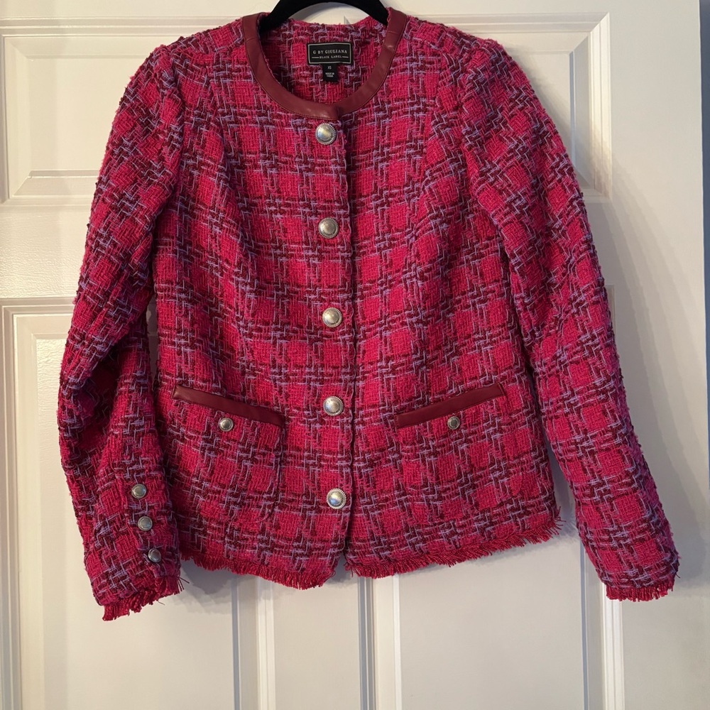 G by Giuliana Pink Tweed with Faux Leather Trim & Silver toned-Button Jacket